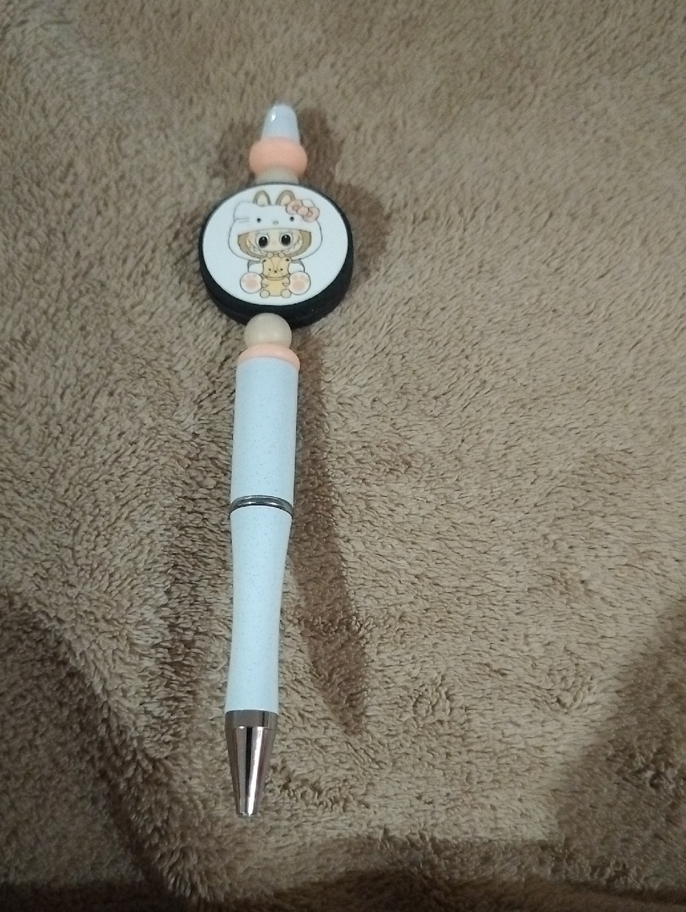 Cute Labubu Wearing Hello Kitty Character White Pen with Pink Accents